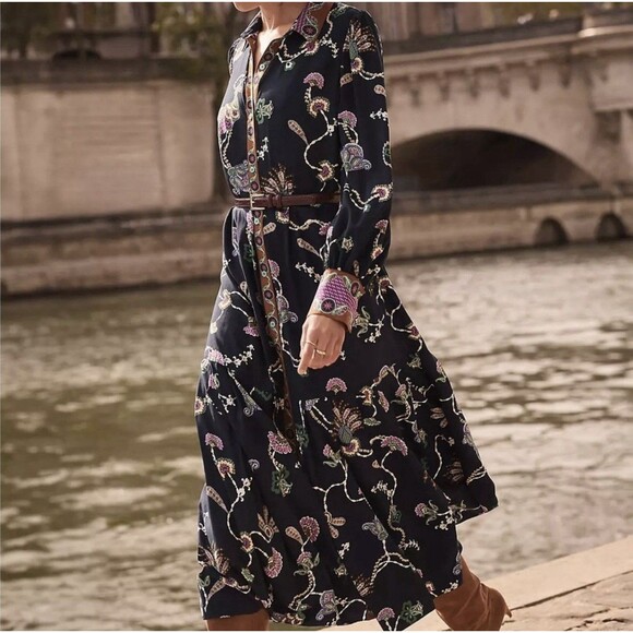 LOFT Navy Pheasant Pleated Floral Peacock Maxi Long Sleeve Dress Women Size 12T - Picture 9 of 9